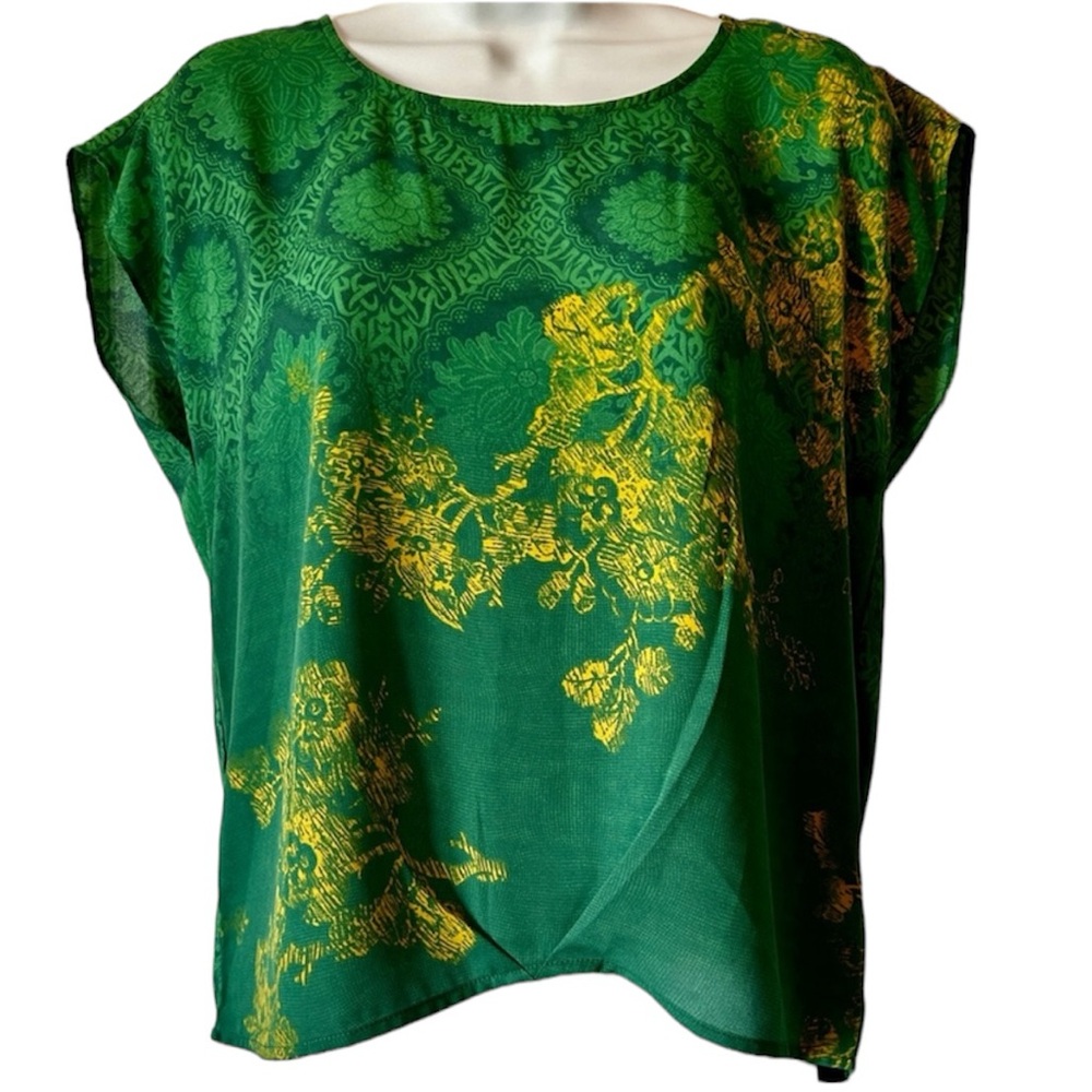 Cabi #597 Green With Envy Yellow Floral Cap Sleeve Semi Sheer Top XS